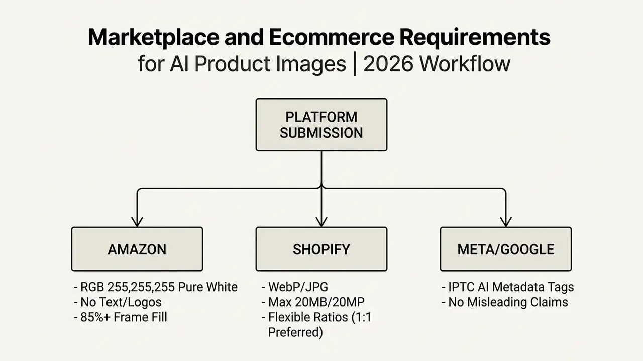 Branching structure listing technical submission criteria for Amazon, Shopify, and Meta or Google platforms