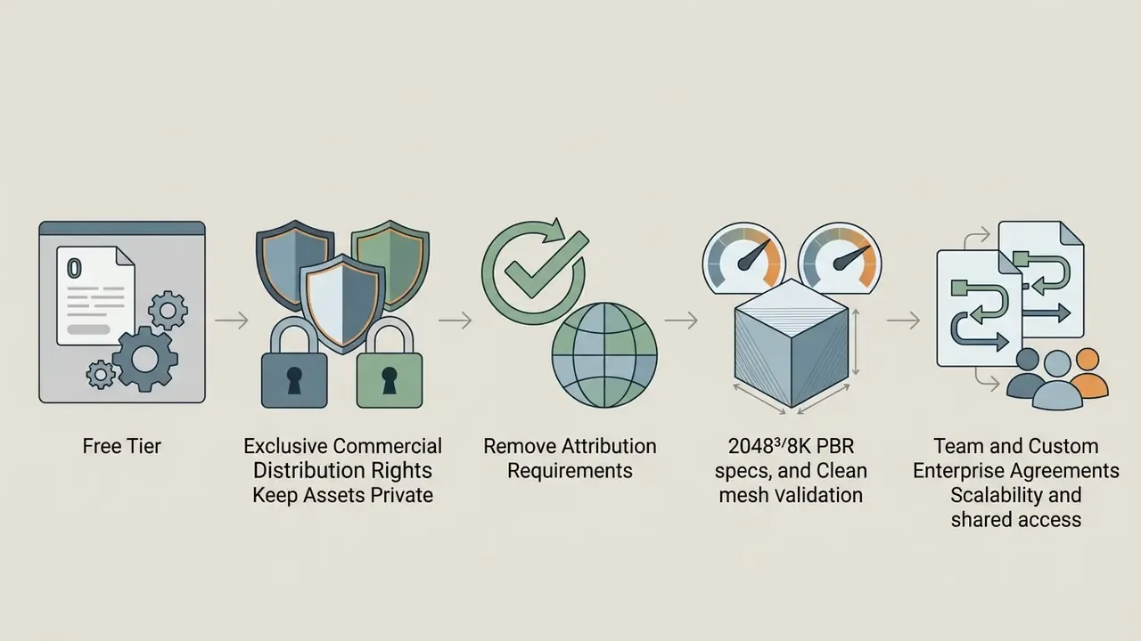Sequence of icons representing subscription tiers from free plans to enterprise agreements and access rights