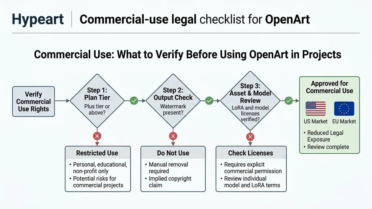 Decision flowchart outlining the verification steps for legal commercial usage of generated assets