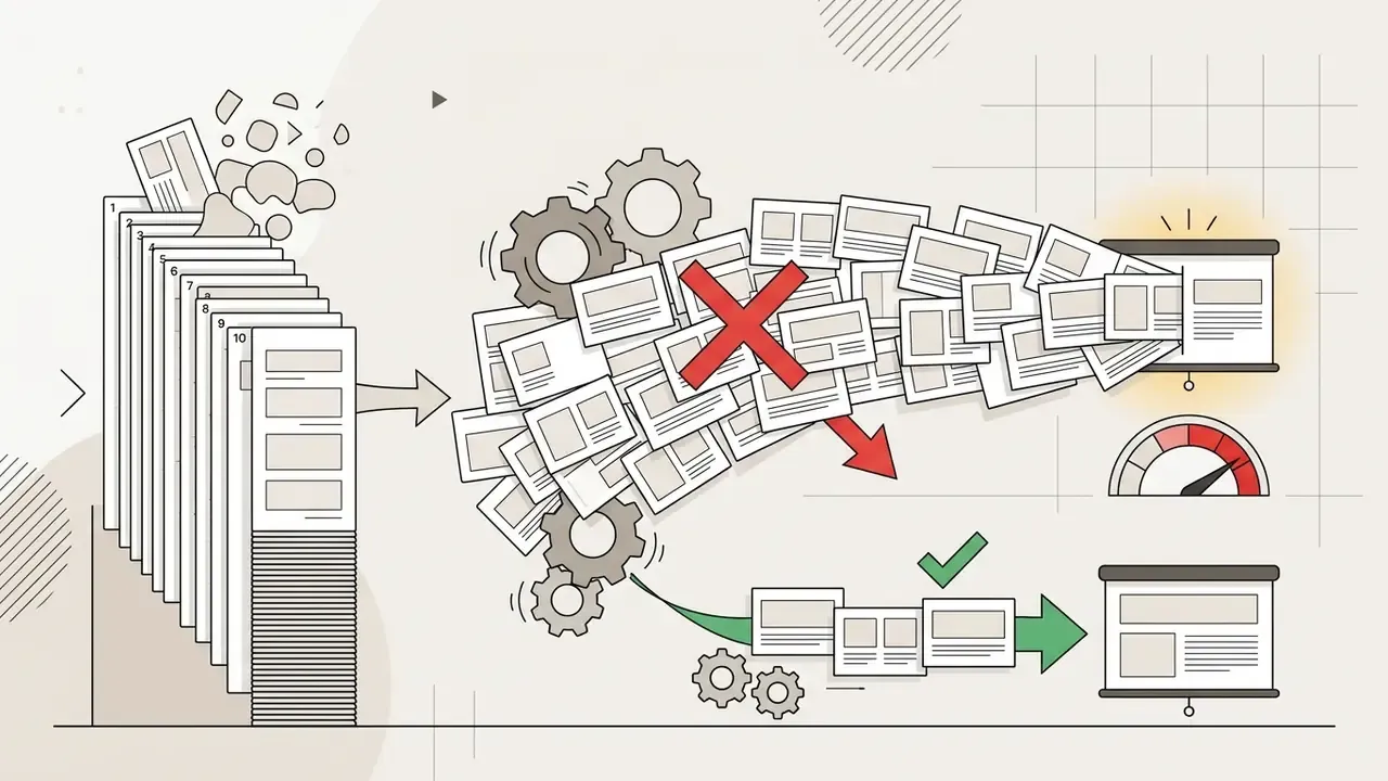 Stack of slide templates moving through gears toward a blocked path or a successful presentation layout