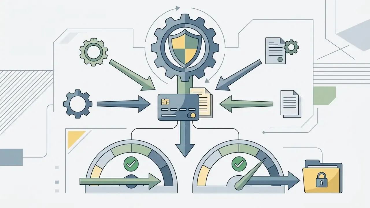Gear and document icons feeding into a credit card processor linked to gauges and a secured folder