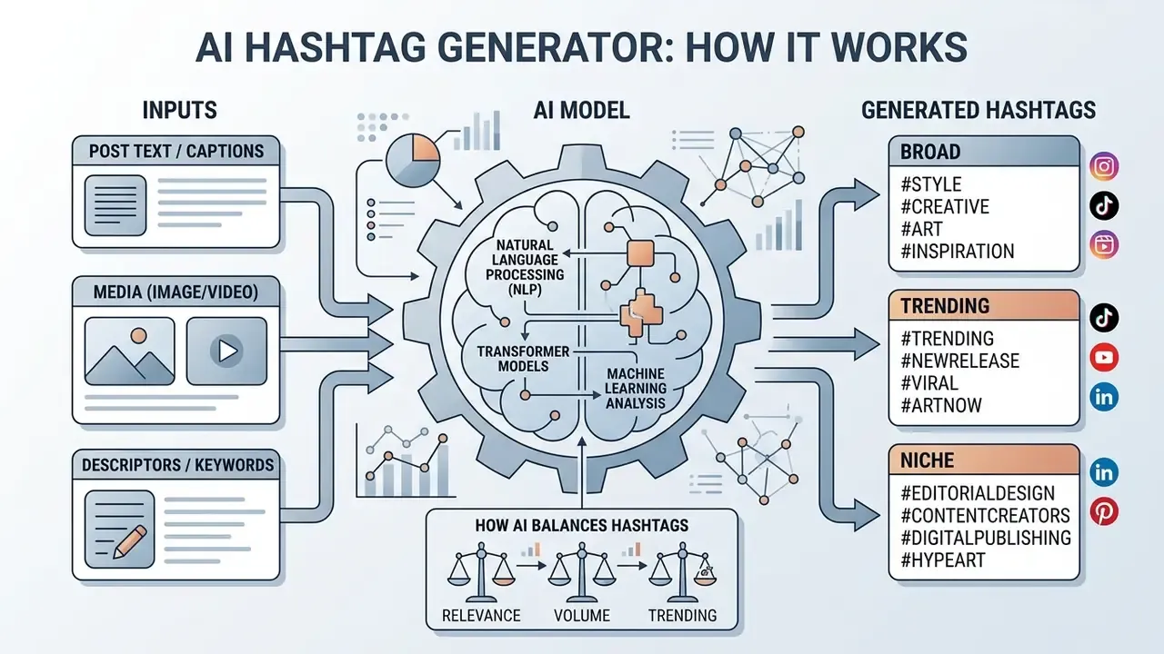 Infographic showing how an AI hashtag generator processes inputs to produce broad, trending, and niche tags