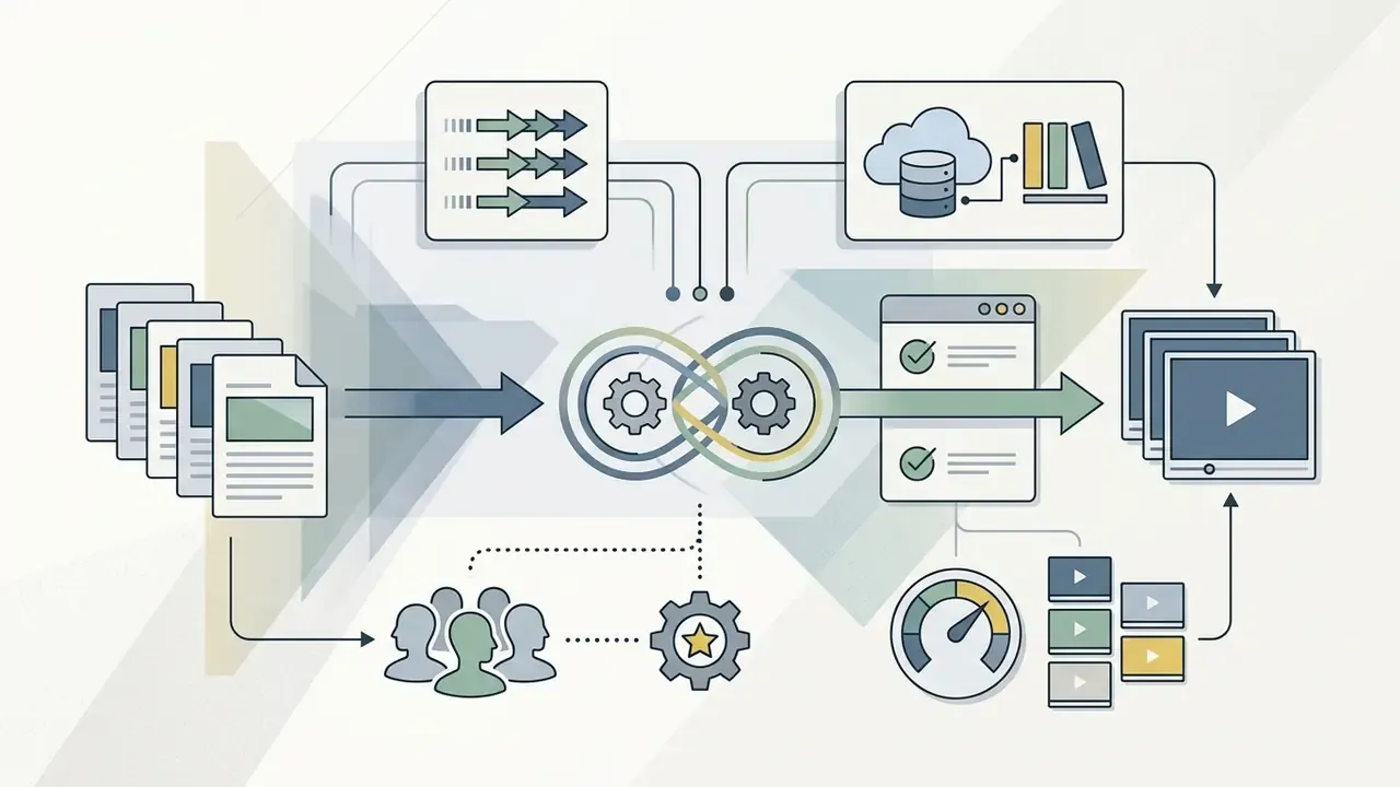 Documents flowing through a central gear process into cloud storage and collaborative video review interfaces