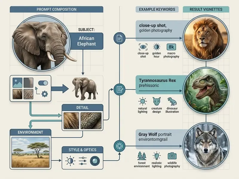 Diagram showing the workflow of selecting subjects, environments, and styles to generate animal images