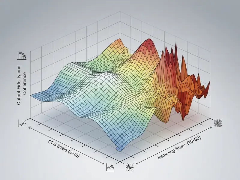 Three-dimensional surface plot showing output fidelity relative to CFG scale and sampling steps