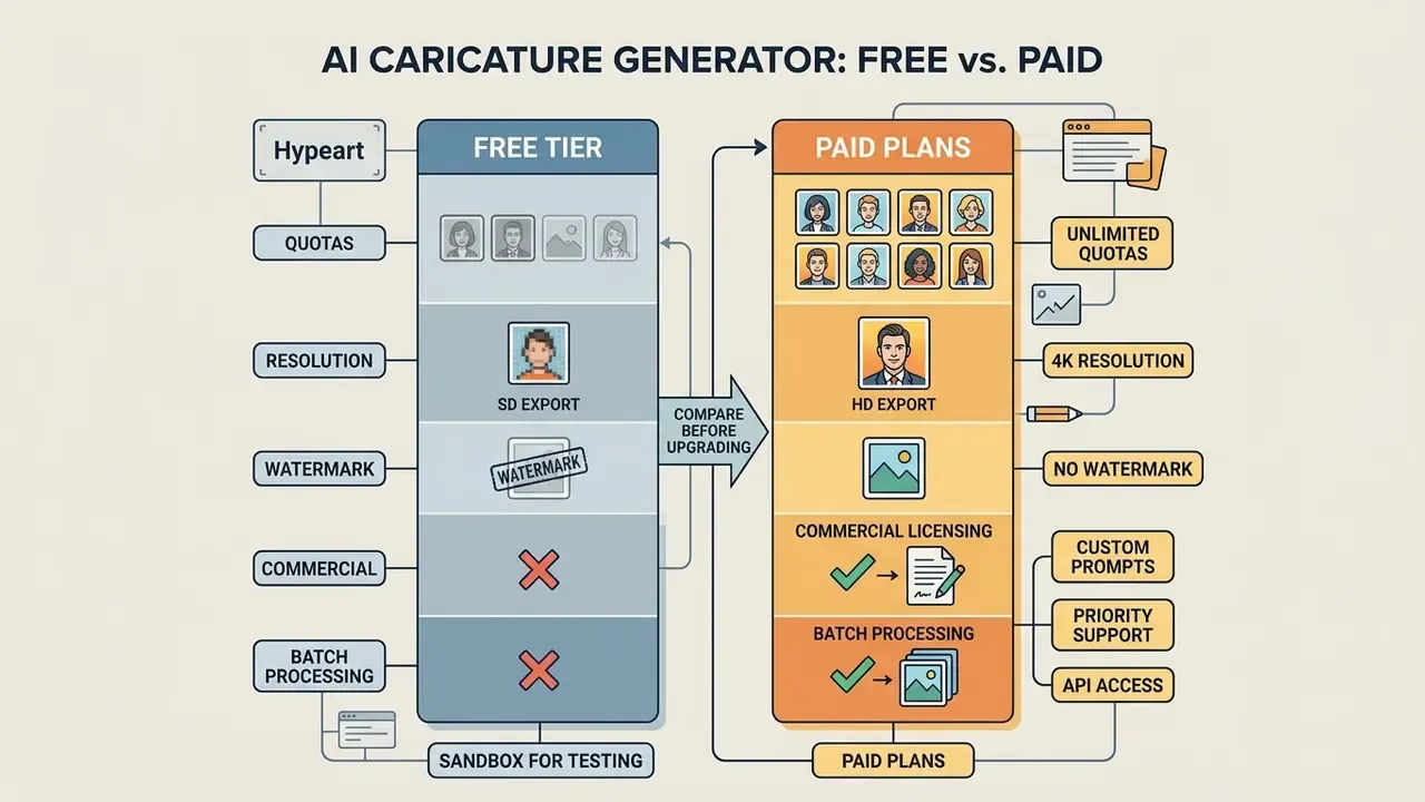 Comparison chart contrasting features and limitations between free and paid digital portrait services