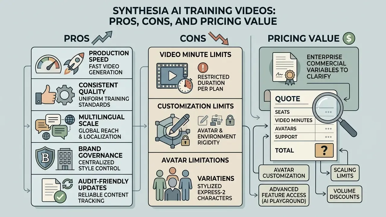 Comparison chart outlining the pros, cons, and pricing variables for Synthesia AI training videos
