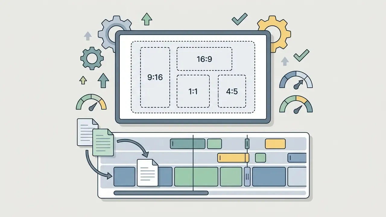 Monitor screen showing aspect ratio options above a timeline with document icons being dragged into place