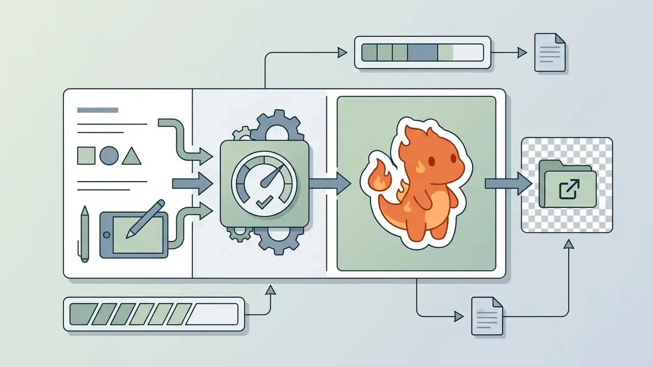Technical workflow showing design inputs processed into a cute fire lizard sticker for digital export