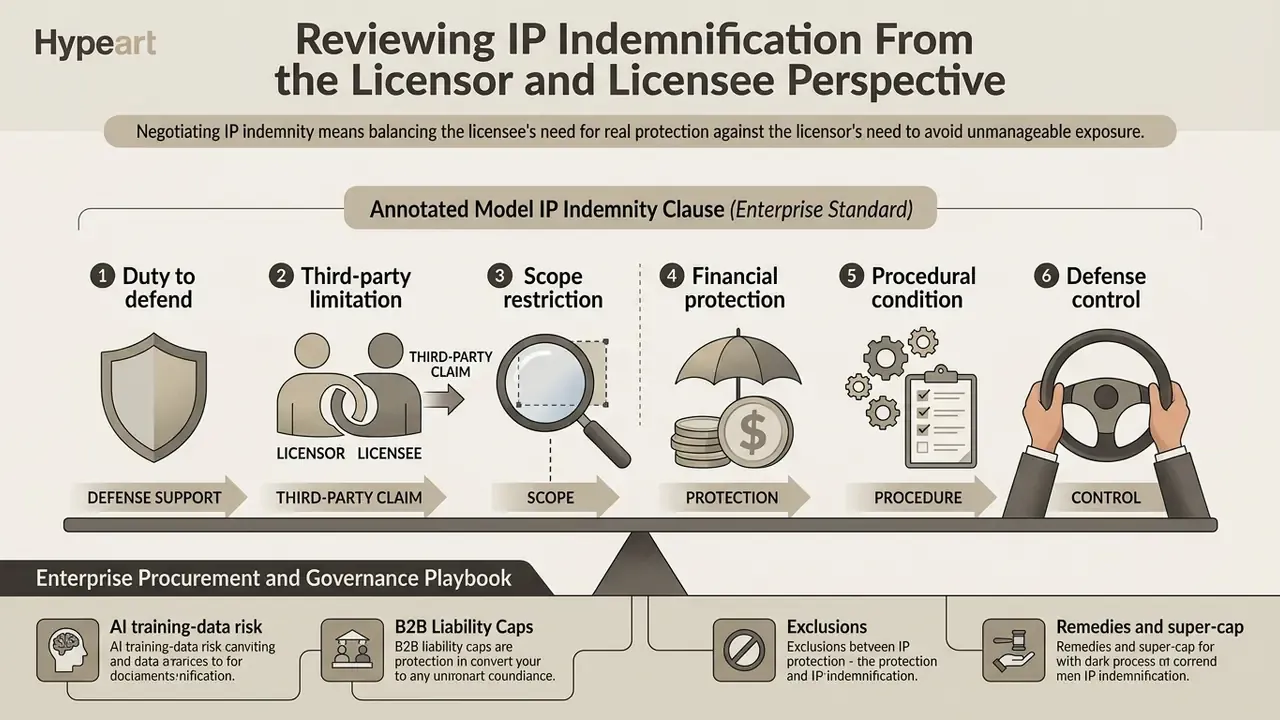 Six icons representing key components of an IP indemnity clause balanced on a scale