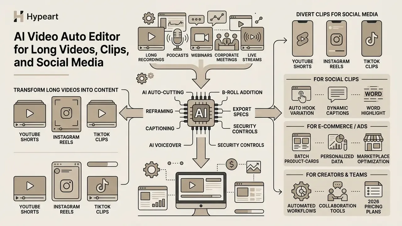 Infographic showing an AI engine processing long-form media into social clips and e-commerce content