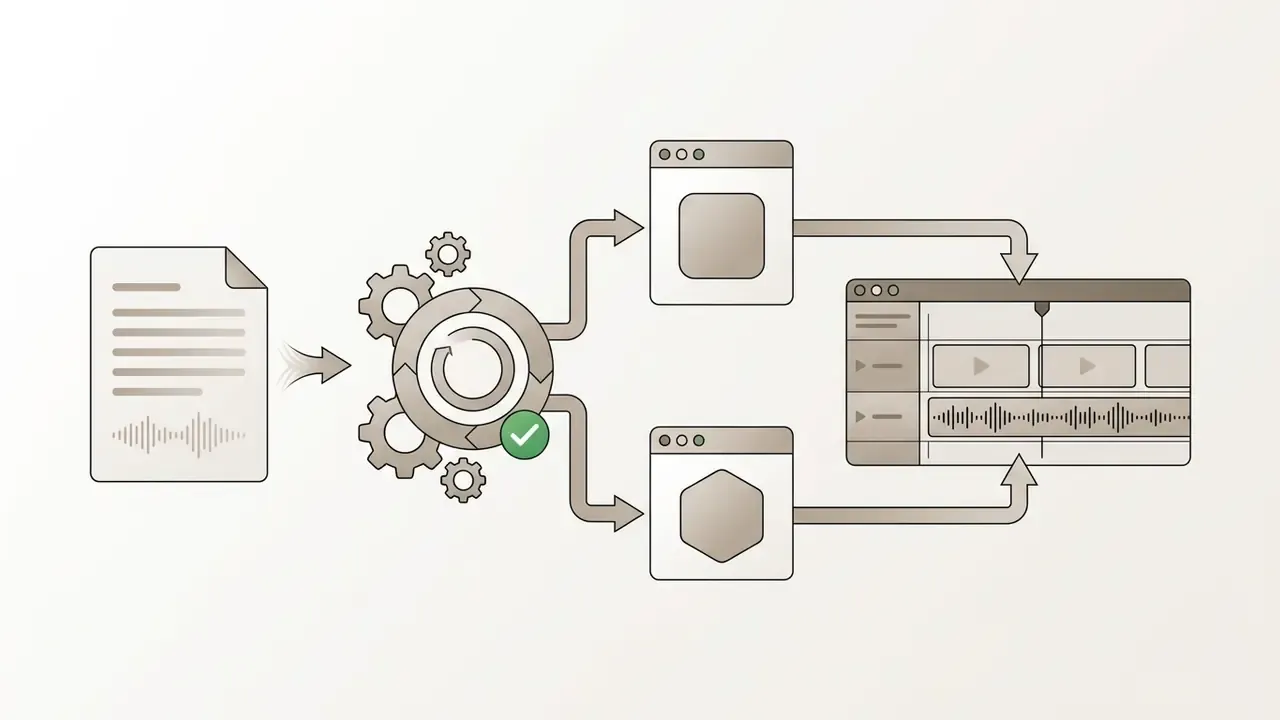 Audio file processing through gears into application windows and onto a video editing timeline