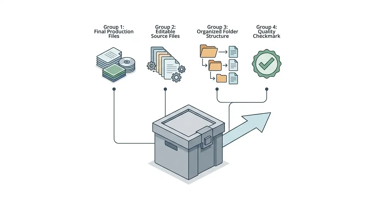 Files, folders, and a quality checkmark icon converging into a storage box for final asset packaging