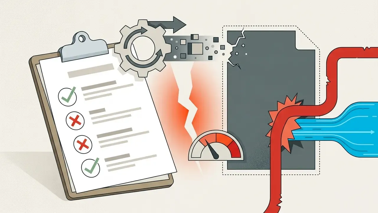 Clipboard with checkmarks and a gear mechanism breaking a document icon near a red gauge and leaking pipes