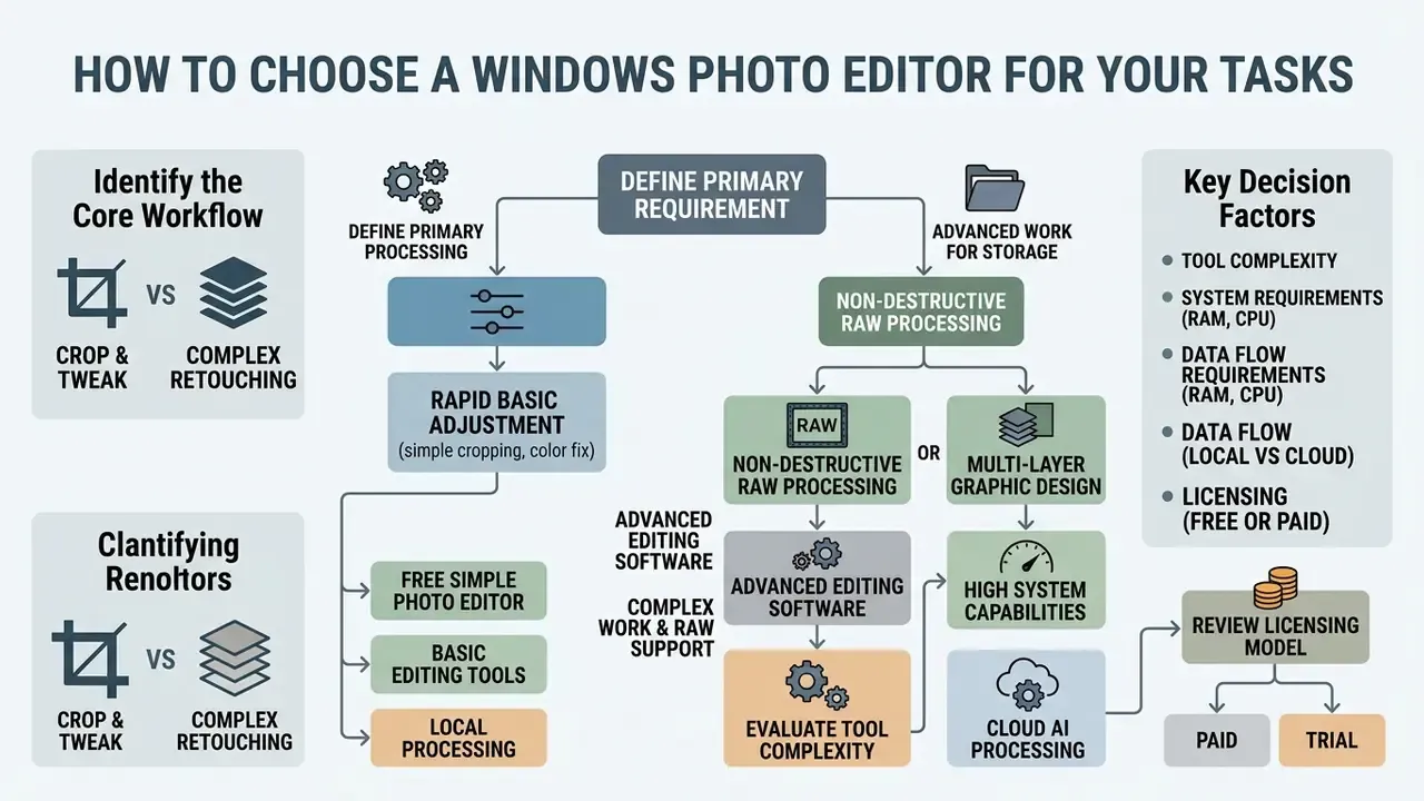 Flowchart illustrating the decision process for selecting software based on editing requirements