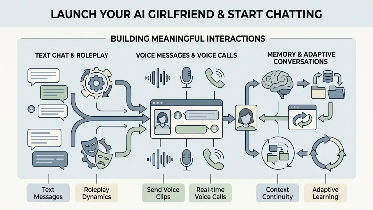 Infographic showing text chat, voice communication, and memory systems for building interactive dialogues