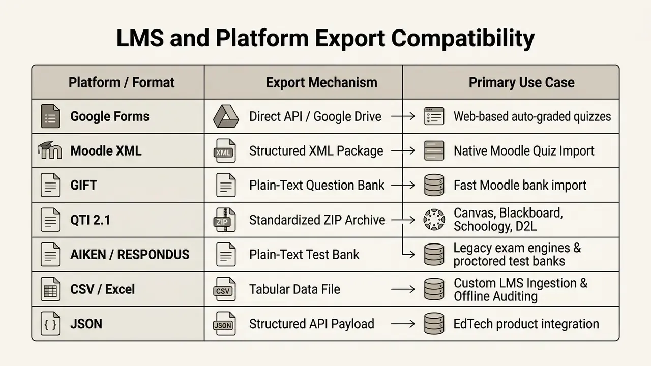 Comparison table listing various file formats, export mechanisms, and use cases for quiz platforms