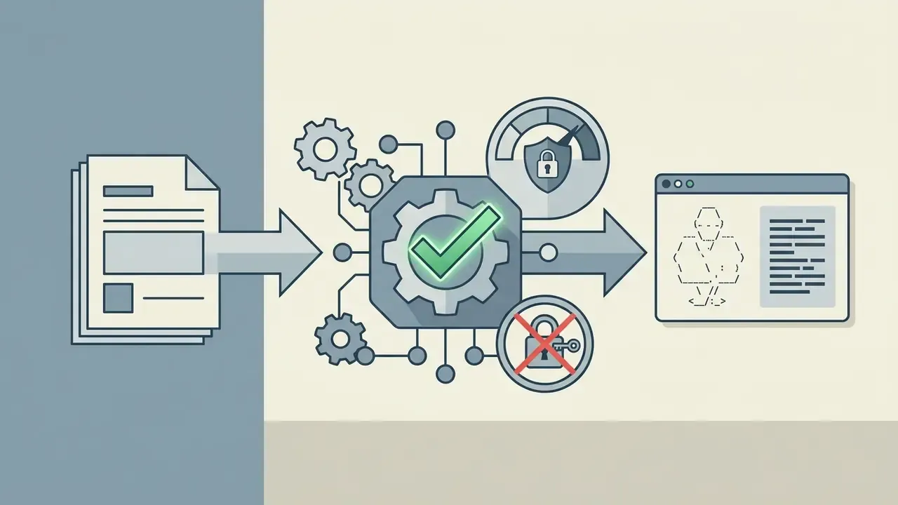 Document moving through a gear mechanism to a terminal window with a checkmark and security icons