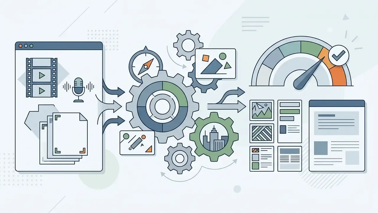 System of gears processing media assets into stock photos and videos for a free AI video generator app