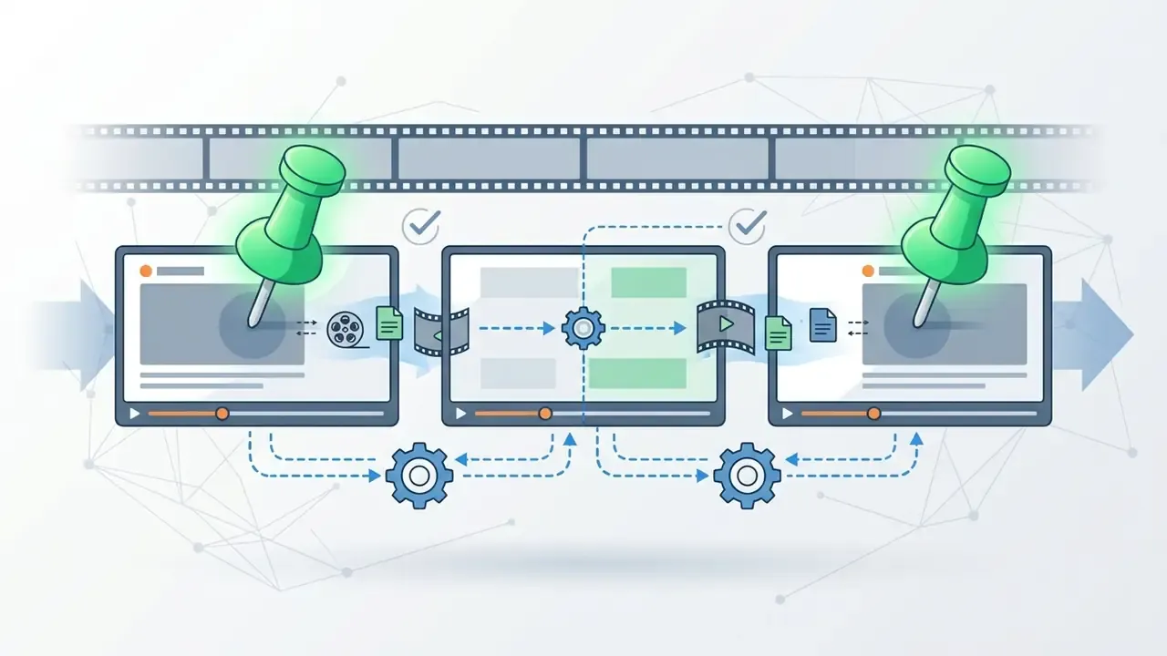 Three video player frames connected by arrows and gears with green pushpins marking the start and end points