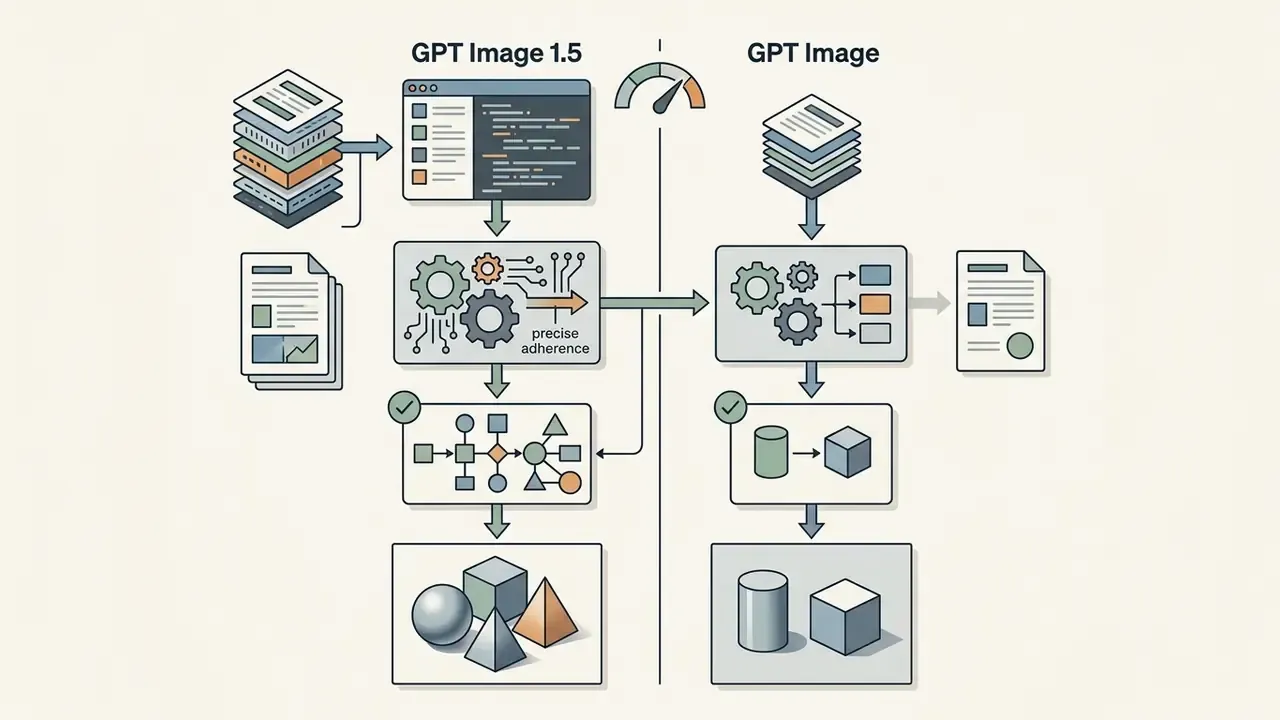 Flowchart comparing GPT Image 1.5 and GPT Image processing steps for generating geometric shapes