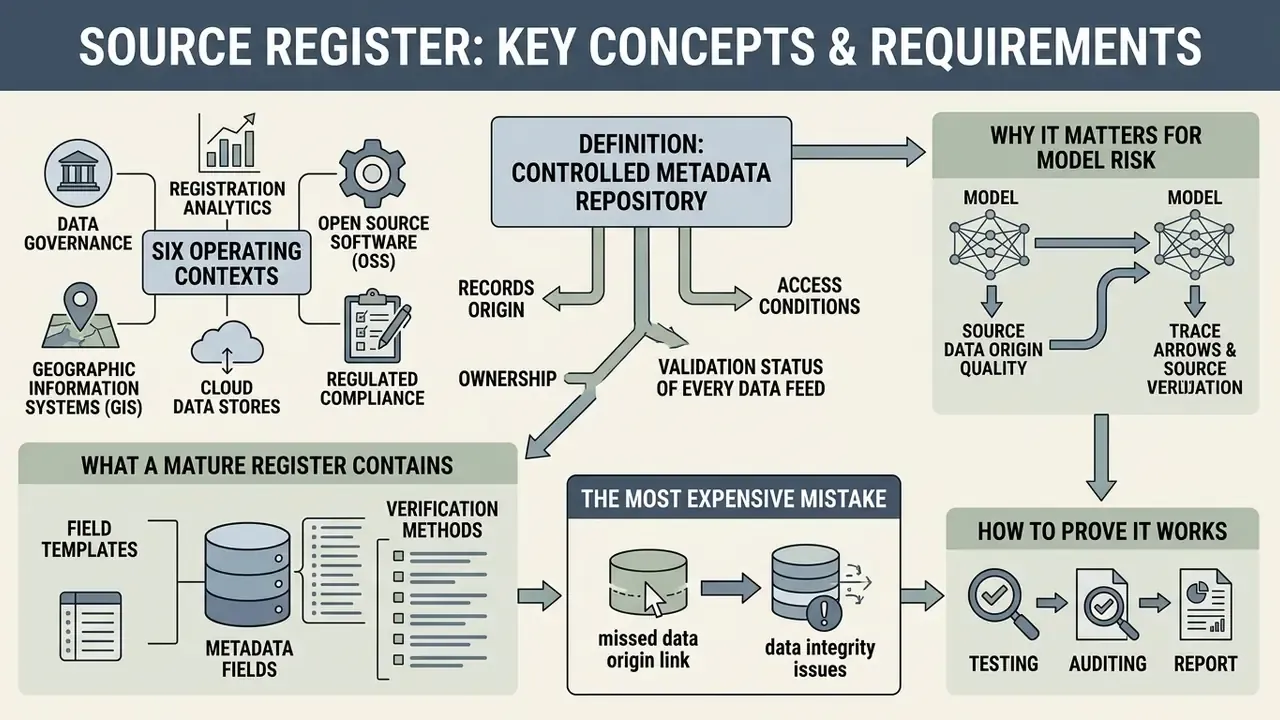 Infographic outlining key concepts and requirements for a Source Register including risk and data management