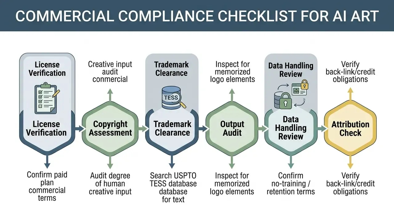 Six sequential steps for verifying commercial compliance of AI art including license and trademark checks