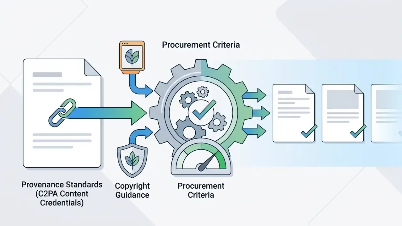 Provenance and copyright icons feeding into a gear processor that outputs verified document checklists