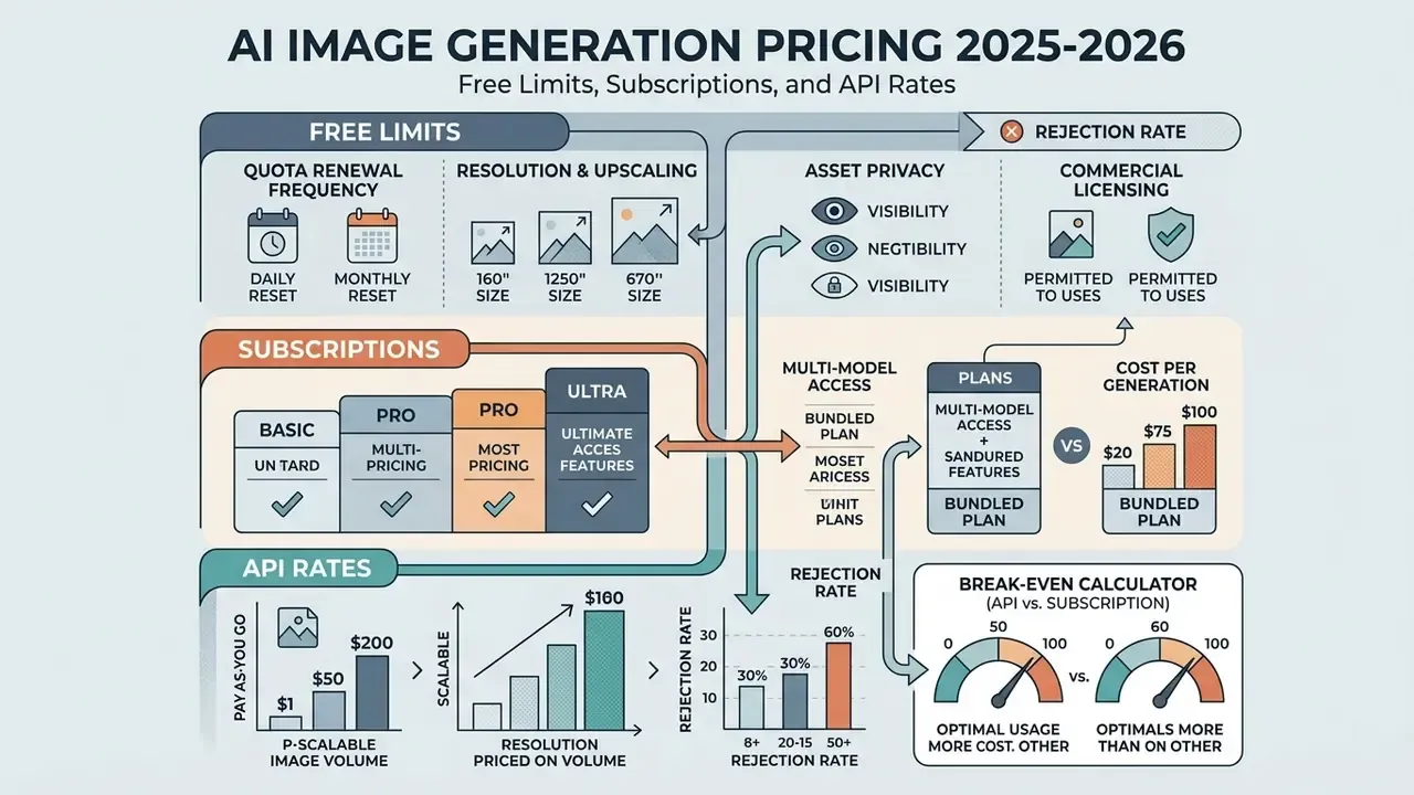 Summary of free AI image generator pricing factors including limits, subscriptions, and API cost analysis