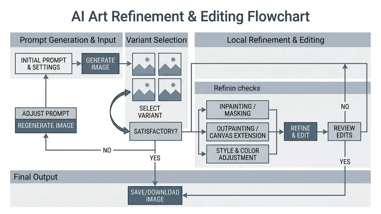 Step-by-step process for generating, selecting, and editing AI images through iterative feedback loops