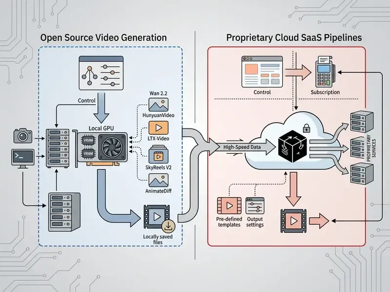 Flowchart comparing local hardware processing for open source AI video against cloud-based SaaS pipelines