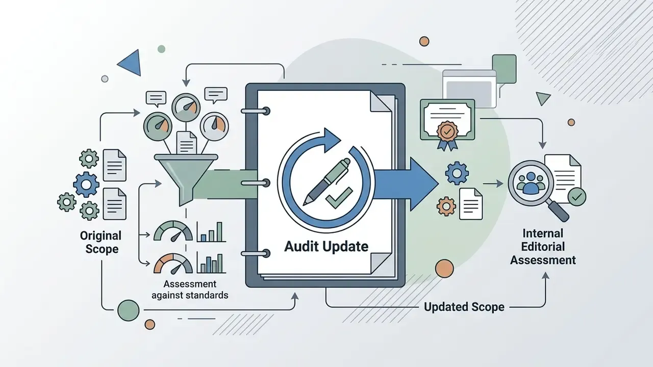 Workflow showing document assessment, audit updates, and editorial review for a free AI music generator