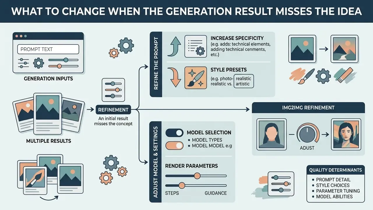 Flowchart illustrating steps to improve generation results by refining prompts and adjusting settings