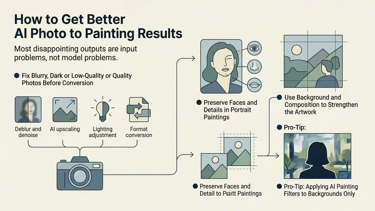 Infographic showing steps to improve input quality through deblurring, upscaling, and composition