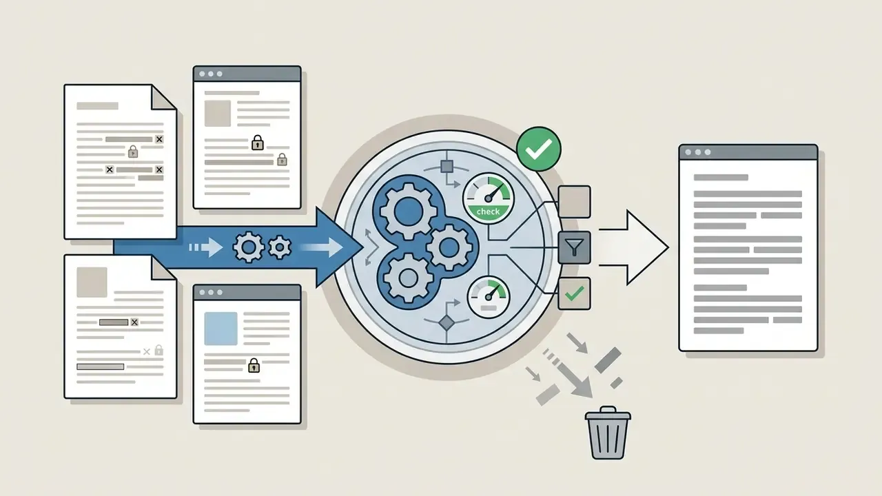 Documents with redacted text flowing into a gear mechanism that filters sensitive data into a trash bin