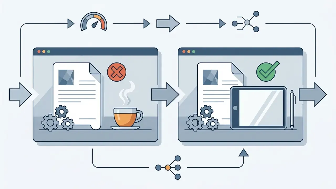 Two browser windows showing a document and gears with a coffee cup replaced by a tablet and checkmark