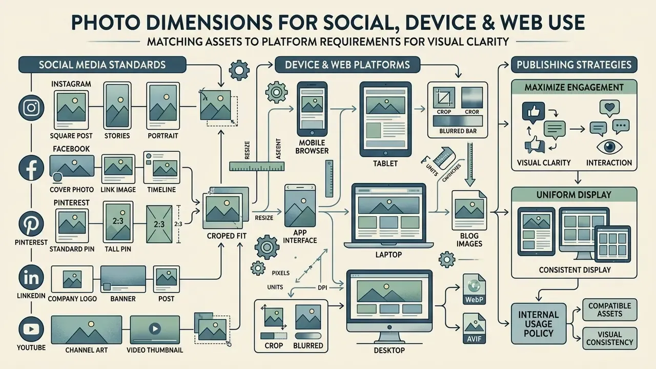 Flowchart mapping social media asset ratios to device display requirements and publishing strategies
