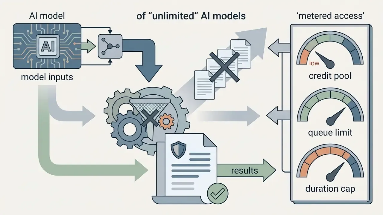 AI model inputs flowing through gears and filters to reach gauges measuring credit and duration limits