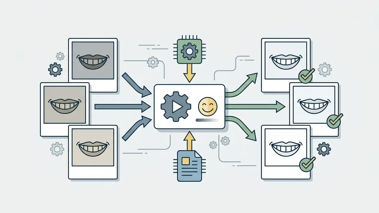 Central processing unit applying a single preset to multiple photos of smiles for consistent brightness