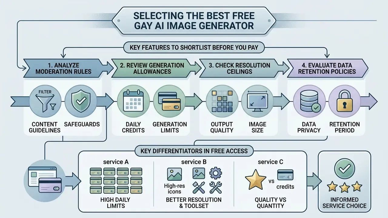 Step-by-step decision flowchart for comparing platform moderation, credit limits, and data policies