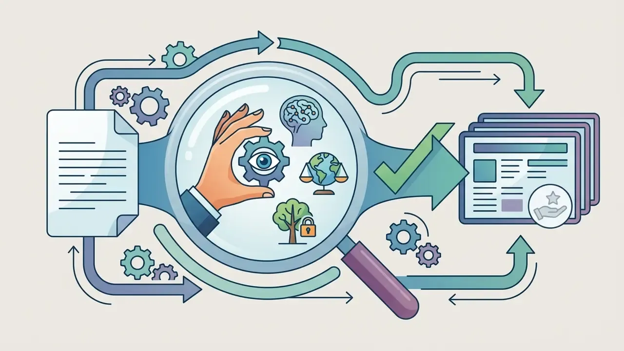 Hand using a magnifying glass to inspect AI generated content for accuracy and bias before final review
