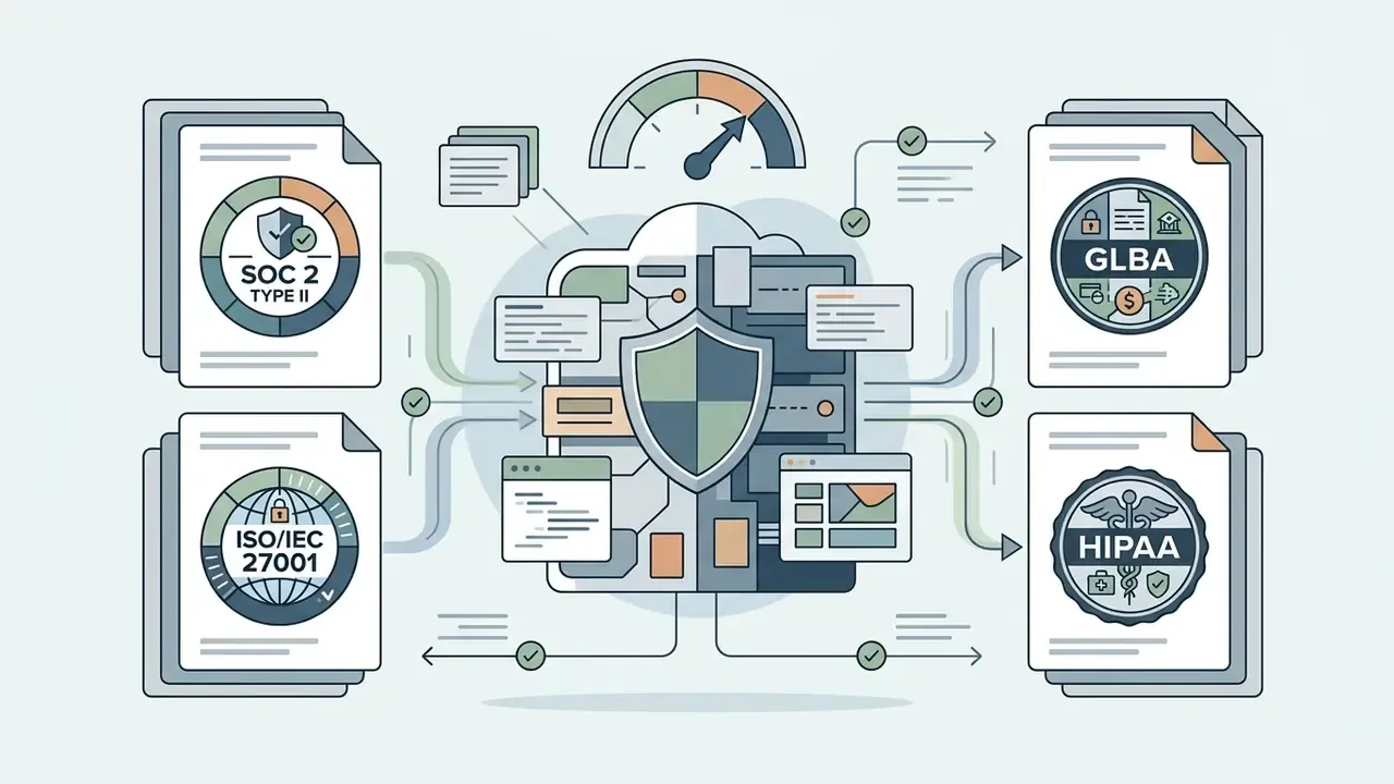 Central server icon connected to documents showing SOC 2, ISO 27001, GLBA, and HIPAA compliance symbols