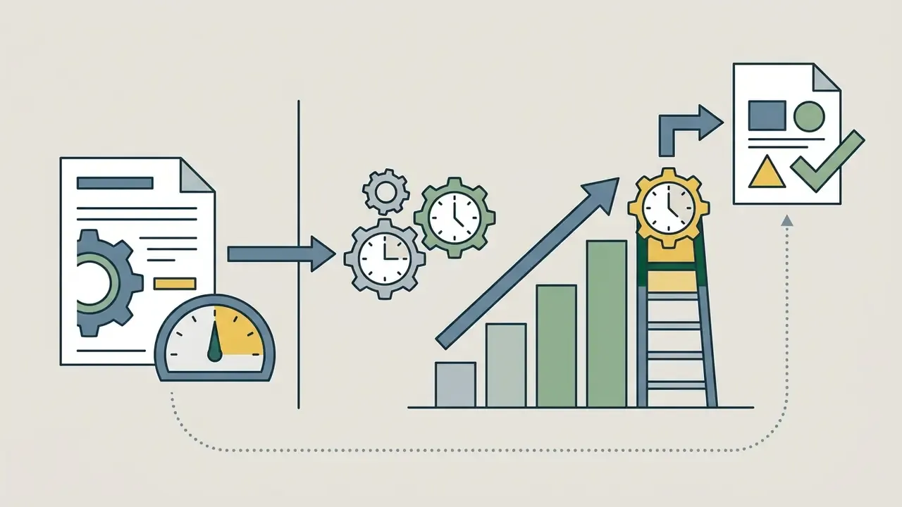 Document with a speedometer gear connecting to a rising bar chart and a clock on a ladder