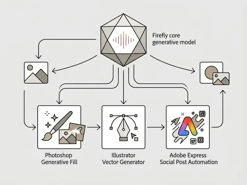 Flowchart showing how the Firefly generative model integrates into Photoshop, Illustrator and Adobe Express