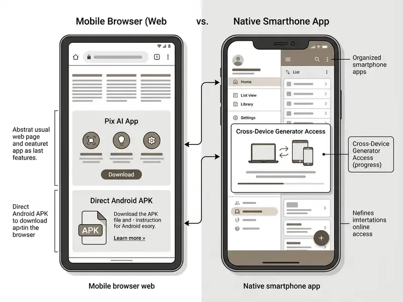 Comparison of a mobile web browser interface and a native smartphone app showing synchronized features