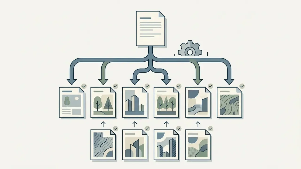 Central document branching into multiple image variations with a gear icon representing processing