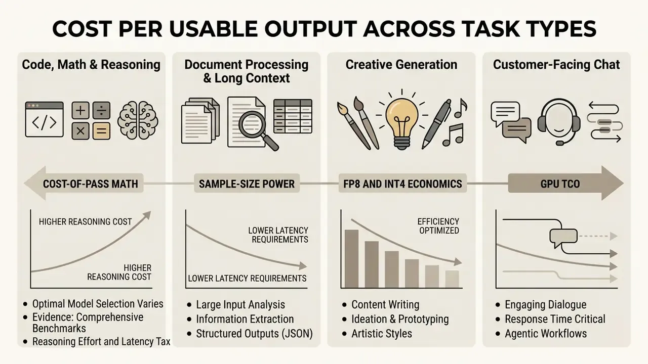 Four columns comparing Cost per Usable Output across functional task types with icons and trend charts