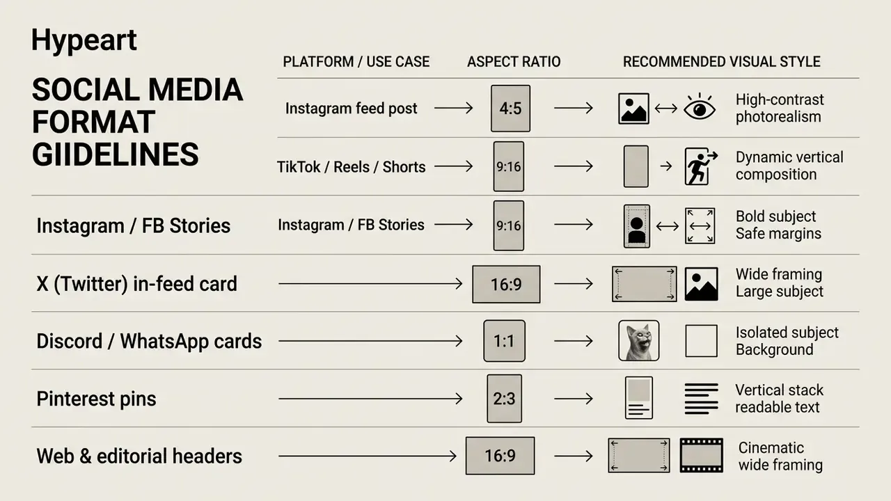 Table listing social media platforms with their corresponding aspect ratios and visual style requirements