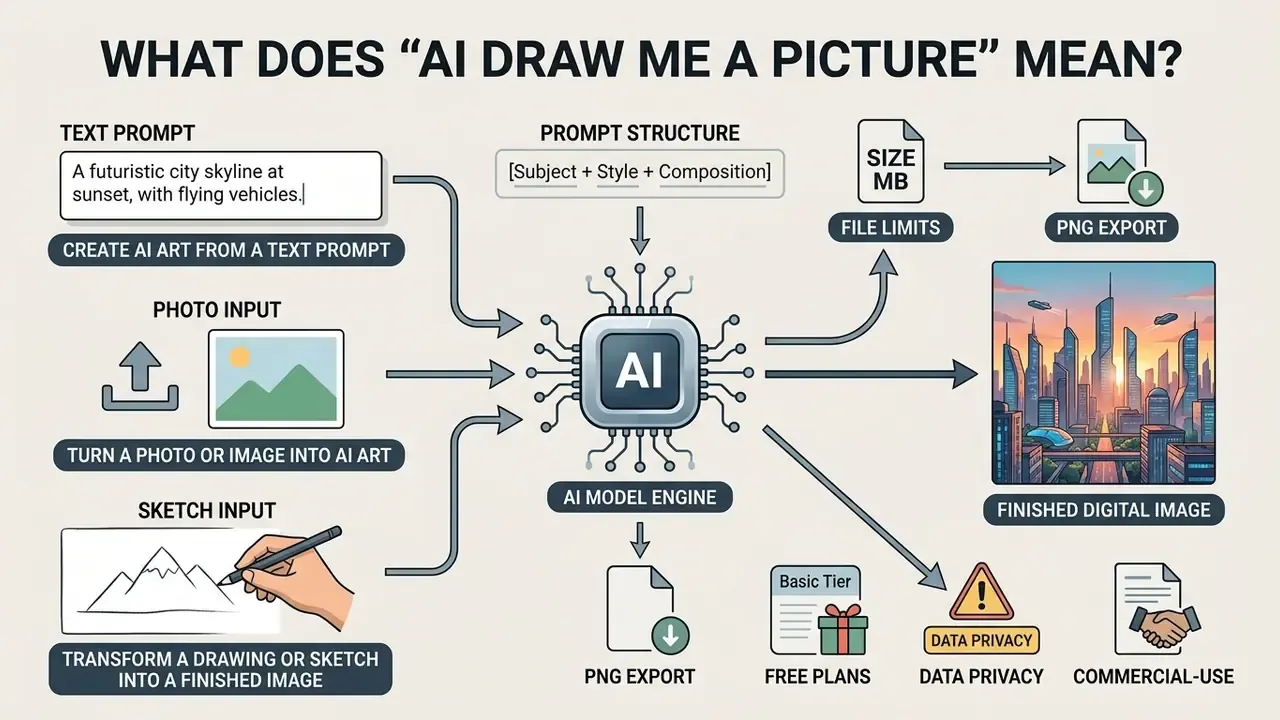 Infographic showing how text, photos, or sketches are processed by an AI engine into digital images