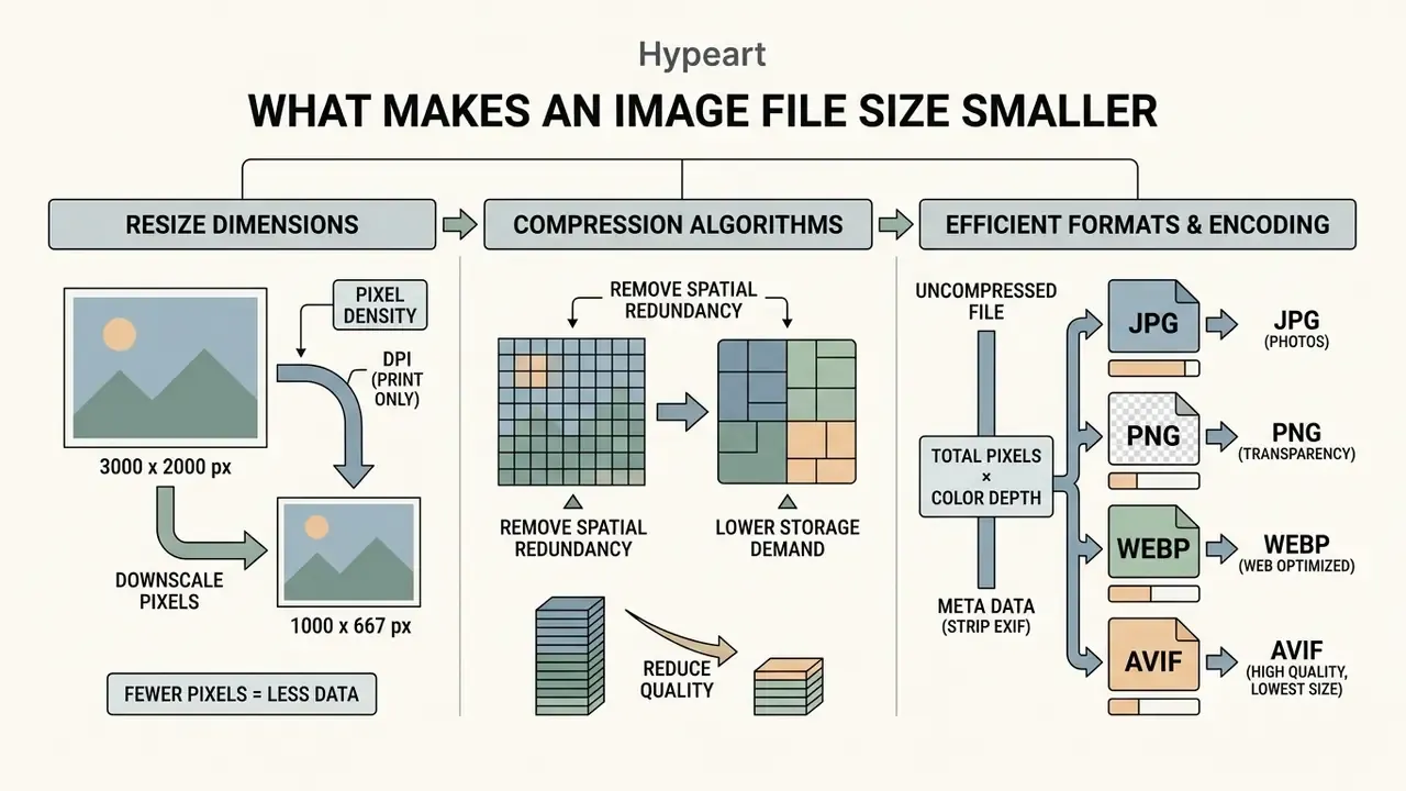 Diagram detailing how resizing, compression, and file formats reduce image file size